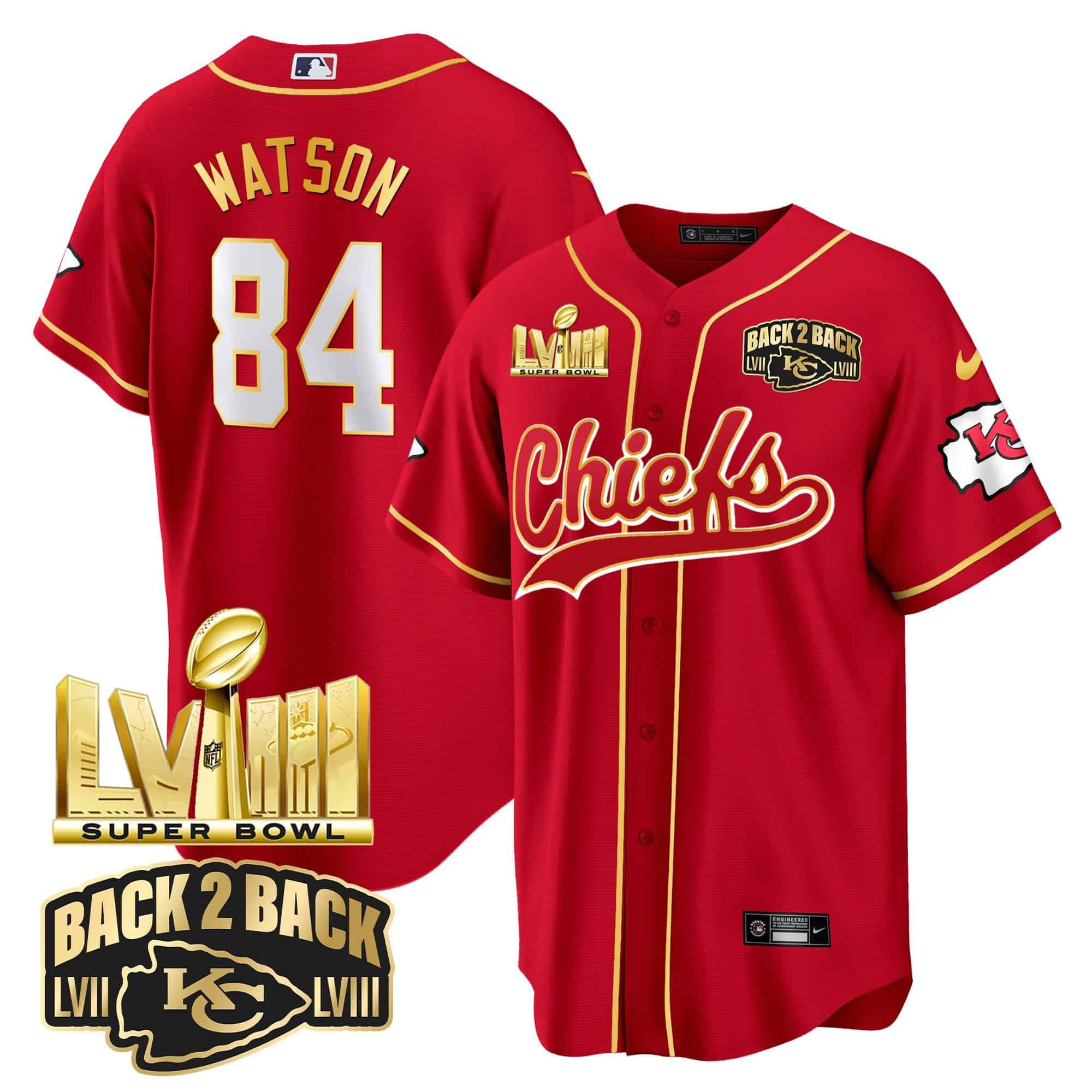 Men Kansas City Chiefs 84 Watson Red 2024 Nike Super Bowl LVIII Back 2 Back Gold Patch Baseball NFL Jersey